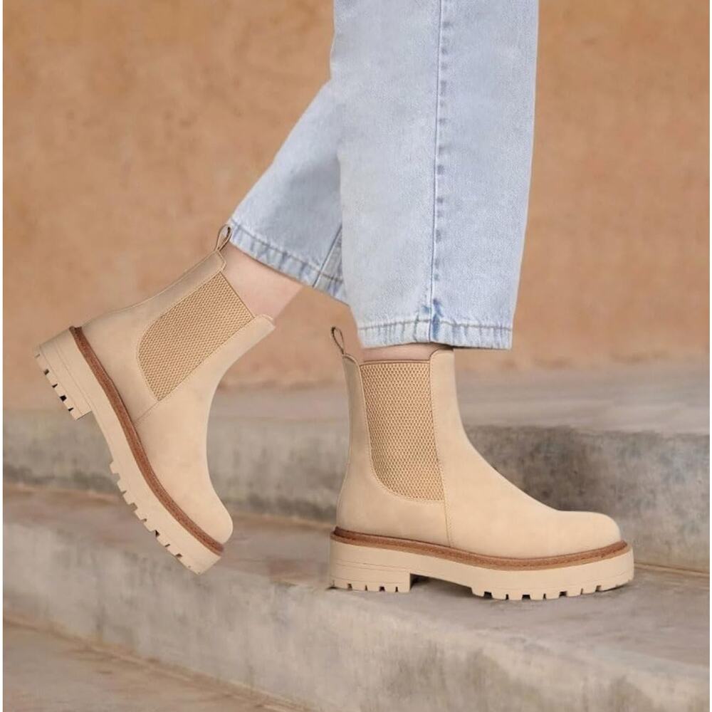 Women's Chelsea Platform Ankle Boots Chunky Heel Slip on Elastic Lug